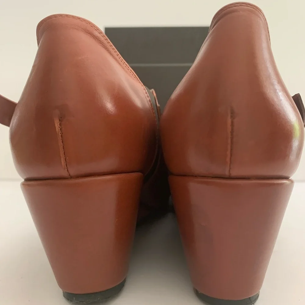 NEW ANYI LU Peep Toe Buckle Wedges Booties Ankle Boots Leather Brown Cognac